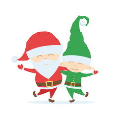 Cartoon friends. Santa Claus with Christmas Elf on white backround