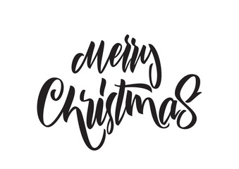 Handwritten brush type lettering of Merry Christmas isolated on white background.