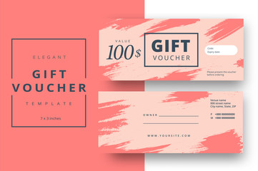 Abstract gift voucher card template. Modern discount coupon or certificate layout with artistic brush strokes pattern. Vector fashion bright background design with information sample text.
