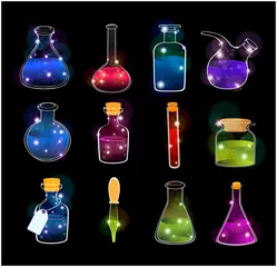 Gordijnen Set of Laboratory Flasks on  Black Background for Computer Games © liusa