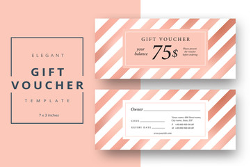 Abstract gift voucher card template. Modern discount coupon or certificate layout with bronze geometric stripe pattern. Vector fashion bright background design with information sample text. - obrazy, fototapety, plakaty