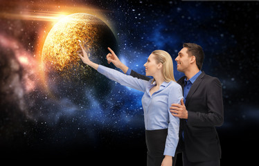 businessman and businesswoman over space