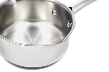 New empty stainless steel sauce pan closeup isolated on white background