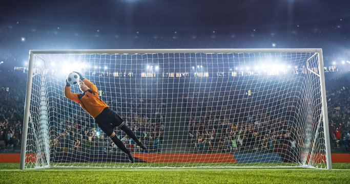 Soccer goalkeeper in action on the stadium