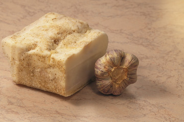 composition with salt bacon and garlic lying on a wooden table
