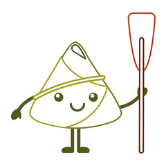 kawaii happy rice dumpling holding wooden oar vector illustration line color design