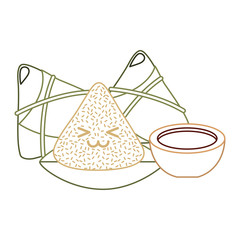 kawaii happy rice dumpling and sauce cartoon vector illustration line color design