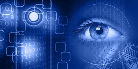 Macro view of a young women eye on technology background