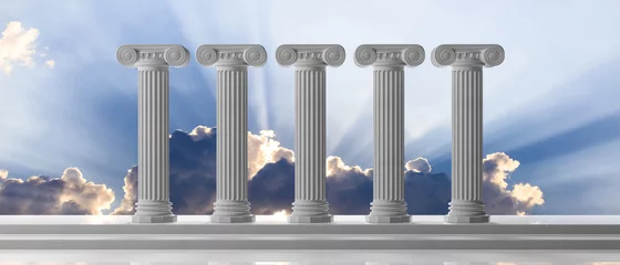 Deurstickers Five marble pillars of islam or justice and steps on blue sky background. 3d illustration © viperagp