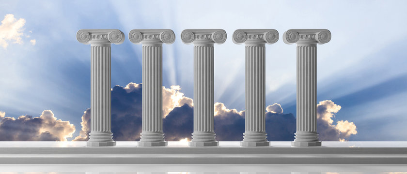 Five marble pillars of islam or justice and steps on blue sky background. 3d illustration