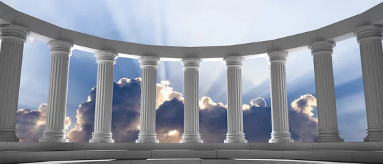 Fotobehang Bedehuis Marmeren pilaren en stappen op blauwe lucht met wolken achtergrond. 3d illustratie