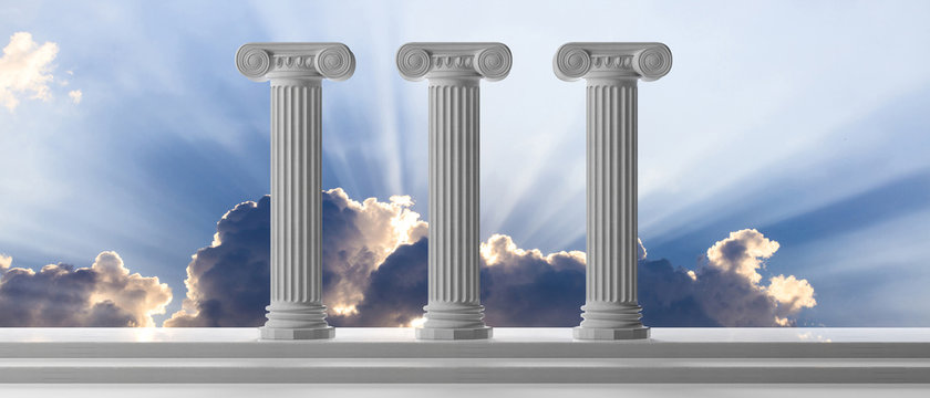 Sustainability concept. Three marble pillars and steps on blue sky background. 3d illustration