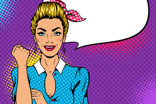 Wow face. Pop art sexy strong blonde girl with open smile shows fist as female power, woman rights, protest, feminism. Vector colorful hand drawn background in retro comic style with speech bubble.