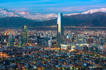 Panoramic view of Providencia and Las Condes districts with Costanera Center skyscraper, Titanium Tower and Los Andes Mountain Range, Santiago de Chile - obrazy, fototapety, plakaty
