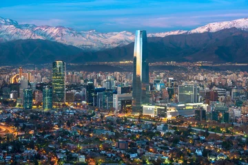 Poster Central-America Panoramic view of Providencia and Las Condes districts with Costanera Center skyscraper, Titanium Tower and Los Andes Mountain Range, Santiago de Chile