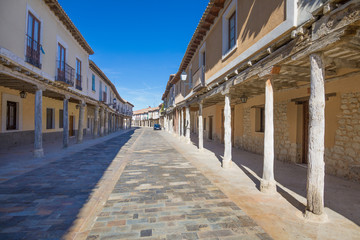 Fototapeta na wymiar medieval street, with arcaded buildings, landmark and monument from seventeenth century, in Ampudia village, Palencia, Castile Leon, Spain, Europe 
