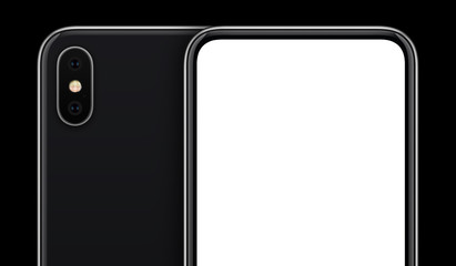Black smartphone mockup front and back sides on black background with copy space cropped close-up