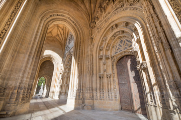 exterior door and great portico with arches of landmark cathedral of San Salvador, gothic monument from thirteenth century, in Oviedo city, Asturias, Spain, Europe

