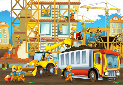 cartoon scene with workers on construction site - builders doing different things - illustration for children