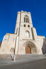 facade of ancient building church of San Miguel, or Saint Michael, romanesque and gothic monument...