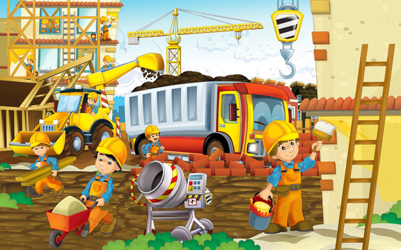 cartoon scene with workers on construction site - builders doing different things - illustration for children