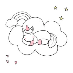 Cute unicorn sleeping on cloud isolated vector illustration.