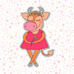 Cute cow with closed eyes in pink dress