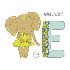 Cute elephant with closed eyes in yellow dress with peas