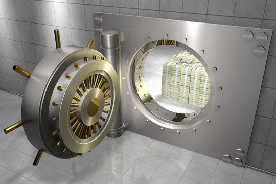 3D render of a bank vault with stack of 100 dollar bills inside