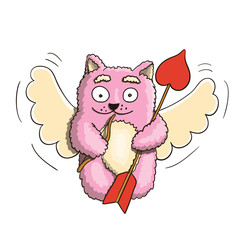 Valentines Day, Valentines Cupid Pink Cat With Little Bow and Big Arrow Ready for Lover's Heart on White Background