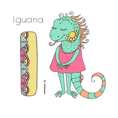 Cute iguana with closed eyes in pink dress