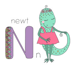 Cute newt with closed eyes in pink dress
