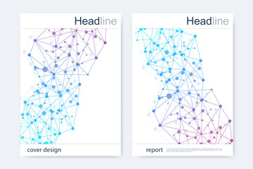 Scientific brochure design template. Vector flyer layout, Molecular structure with connected lines and dots. Scientific pattern atom DNA with elements for magazine, leaflet, cover, poster design.