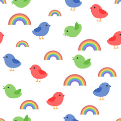 Seamless baby pattern with birds and rainbows