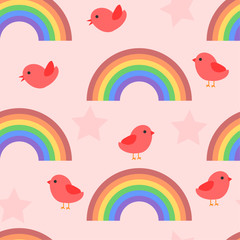 Seamless baby pattern with birds and rainbows