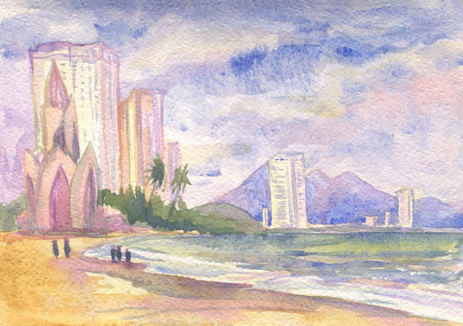 Vietnam. Watercolor painting. Marine landscape with views of the city