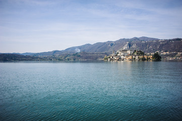 Obraz premium view of the island of San Giulio on Lake Orta,piedmont,italy
