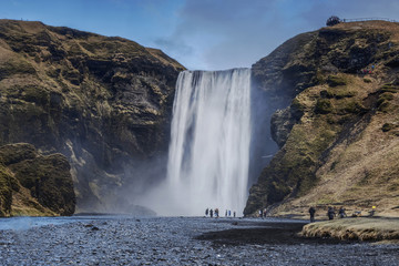 Skogafoss waterfall situated on the Skogo River in the south of Iceland at the cliffs of the former coastline