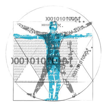 Vitruvian man of computer age. 
A grunge stylized drawing of vitruvian man with a binary codes symbolized digital age. Isolated on white background. Vector available. 