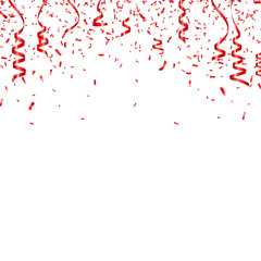 Christmas, Valentine's day red confetti with ribbon on transparent background. Falling shiny confetti glitters. Festive party design elements.
