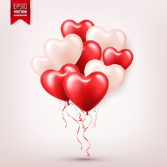 Fototapeta na wymiar Valentine's day abstract background with red 3d balloons. Heart shape. February 14, love. Romantic wedding greeting card.Women's, Mother's day.