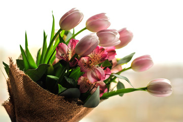 bouquet of tulips on the table with