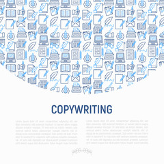 Fototapeta na wymiar Copywriting concept with thin line icons: letter, e-mail, book, blogging, hand with pen, feather, typewriter, article, seo. Modern vector illustration for web page template, banner.