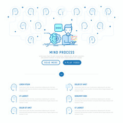 Mind process concept with thin line icons: intelligence, passion, conflict, innovation, time management, exploration, education, logical thinking. Modern vector illustration, web page template.