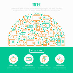 Money concept in half circle with thin line icons: cash, credit card, pos terminal, piggy bank, wallet, hand with coins, bag of gold. Modern vector illustration for banner, print media, web page.