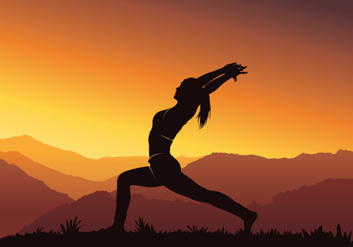 Yoga background. Silhouette of young woman practicing yoga on mountain - vector illustration 
