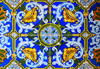 Detail of the traditional tiles from facade of old house. Decorative tiles.Valencian traditional tiles. Floral ornament.