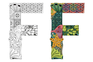Letter F zentangle for coloring. Vector decorative object