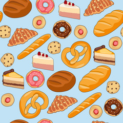 Coffee and bakery - seamless vector pattern with different breads, croissants, cookies, cakes, coffee cups