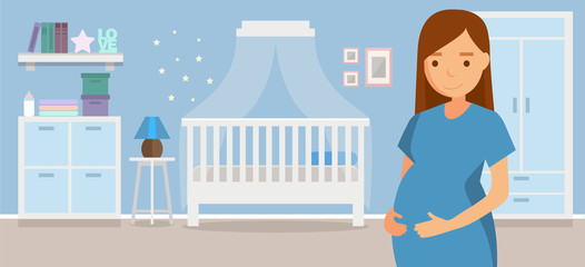 Maternity concept illustration, pregnant young woman in the cute nursery. illustration in flat style © Biscotto Design